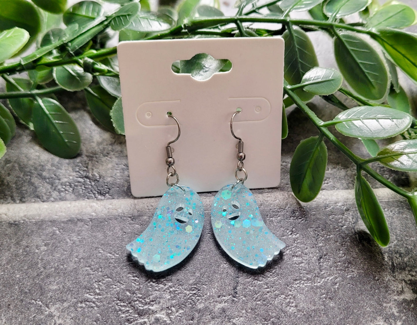 Pastel Blue Glitter Ghost Earrings – Handmade Resin with Sparkle | Sketchy & Spicy