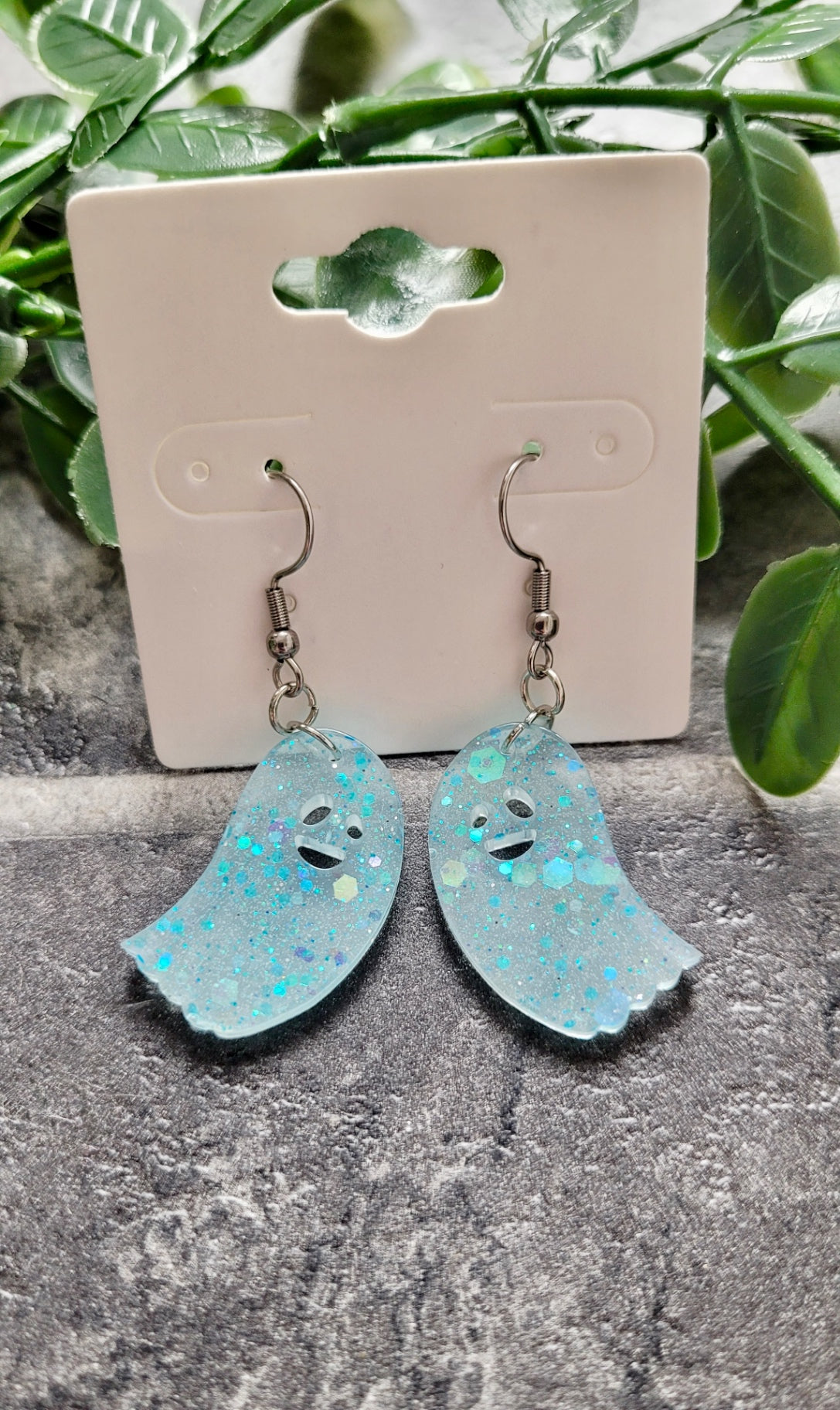 Pastel Blue Glitter Ghost Earrings – Handmade Resin with Sparkle | Sketchy & Spicy