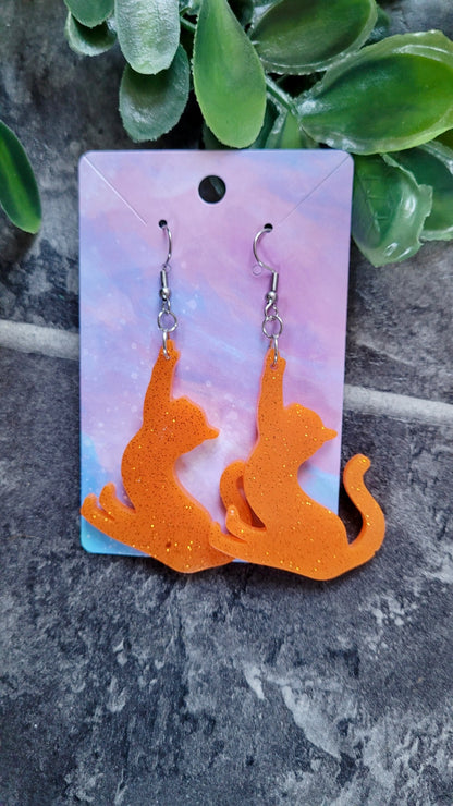 Orange Glitter Cat Earrings – Handmade Resin with Stainless Steel Hooks | Sketchy & Spicy