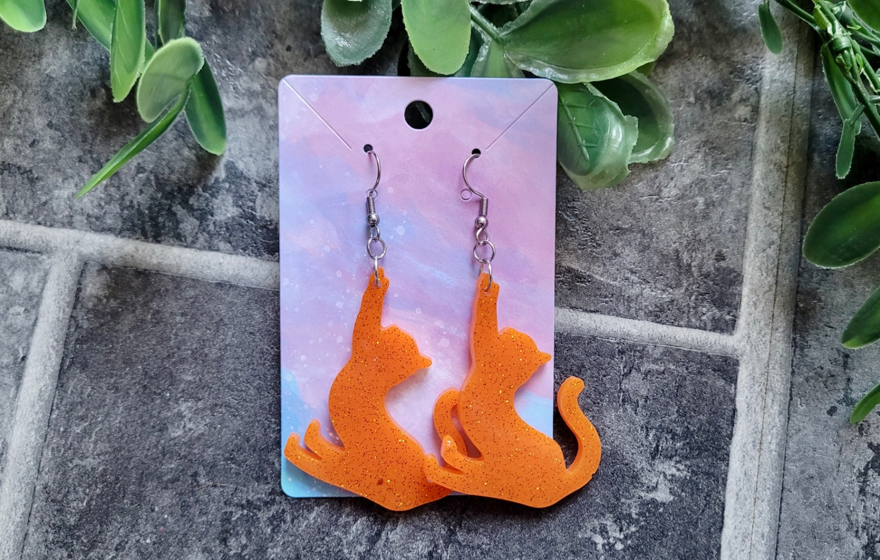 Orange Glitter Cat Earrings – Handmade Resin with Stainless Steel Hooks | Sketchy & Spicy