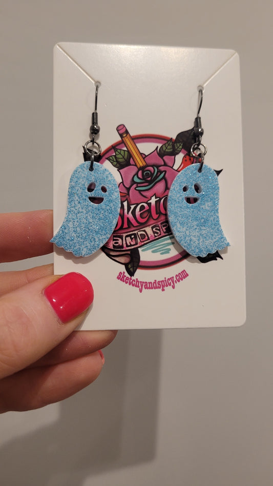 Blue Glitter Ghost Earrings – Handmade Resin with Stainless Steel Hooks | Sketchy & Spicy