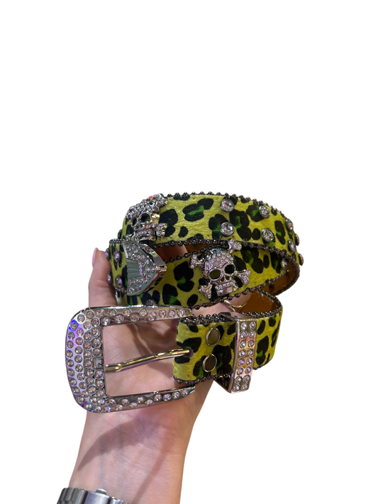 Green Leopard Print Skull & Cross Bones Belt