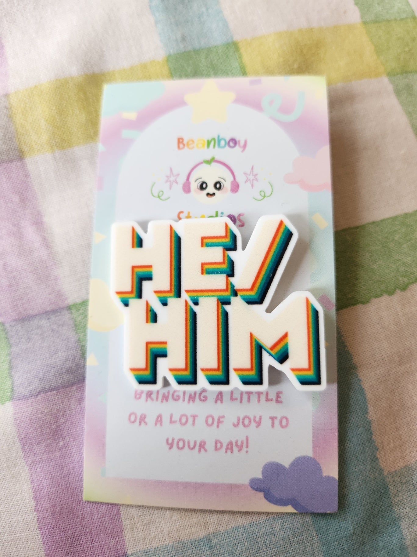 he/him pronoun pin badge