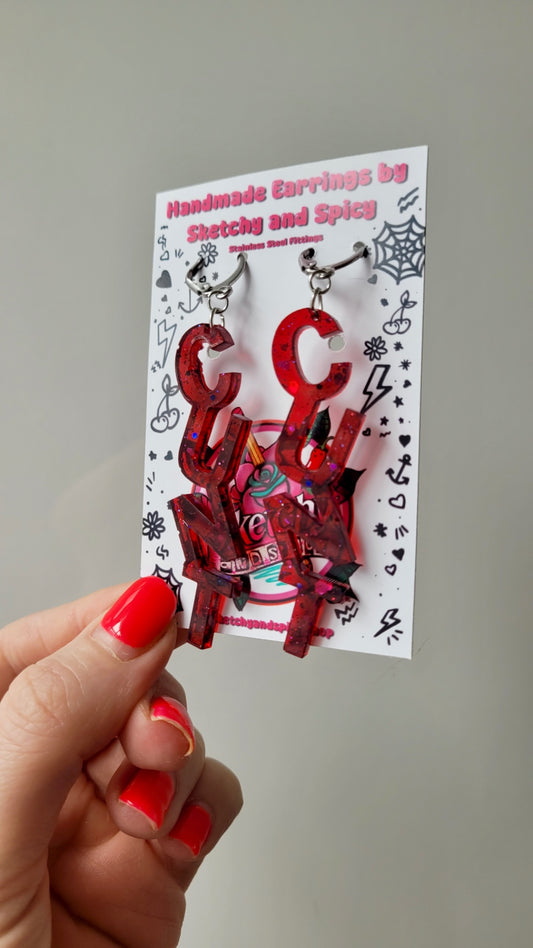 Dark Red Glitter C*NT Statement Earrings – with Stainless Steel Hoops
