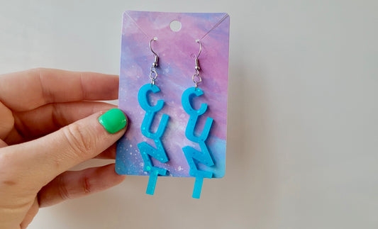 Bold Blue Glitter C*NT Earrings – with Stainless Steel Hooks