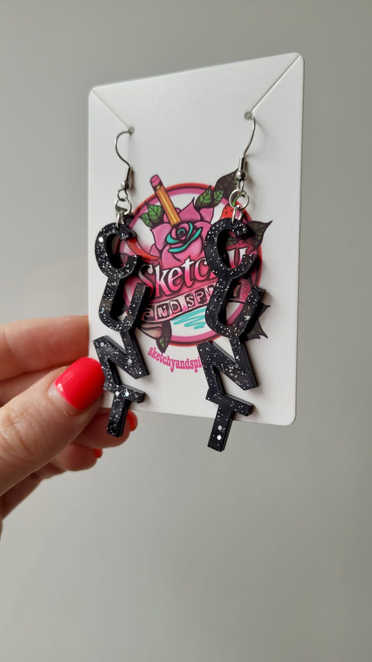 Black Glitter C*NT Earrings – With Stainless Steel Shepherd Hooks