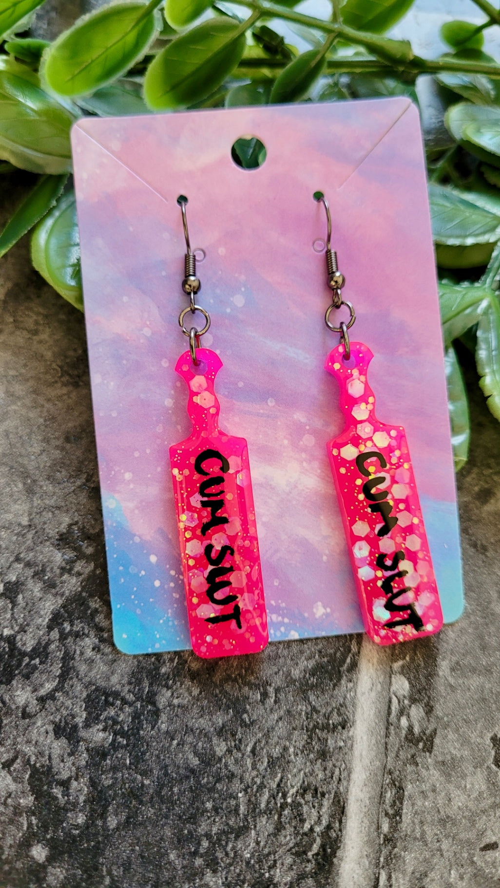 CUM SLUT Paddle Earrings – Hot Pink Glitter with Bold Black Script