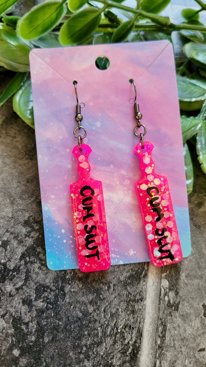 CUM SLUT Paddle Earrings – Hot Pink Glitter with Bold Black Script