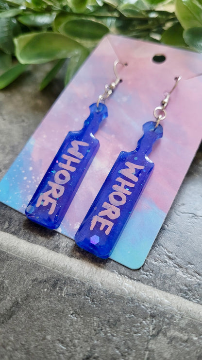 Dark Blue Glitter ‘WHORE’ Paddle Earrings – Stainless Steel Hooks