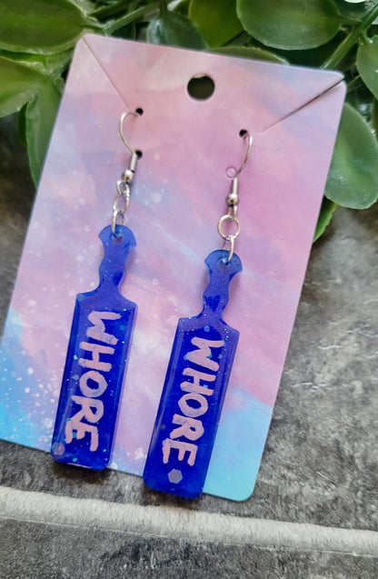Dark Blue Glitter ‘WHORE’ Paddle Earrings – Stainless Steel Hooks