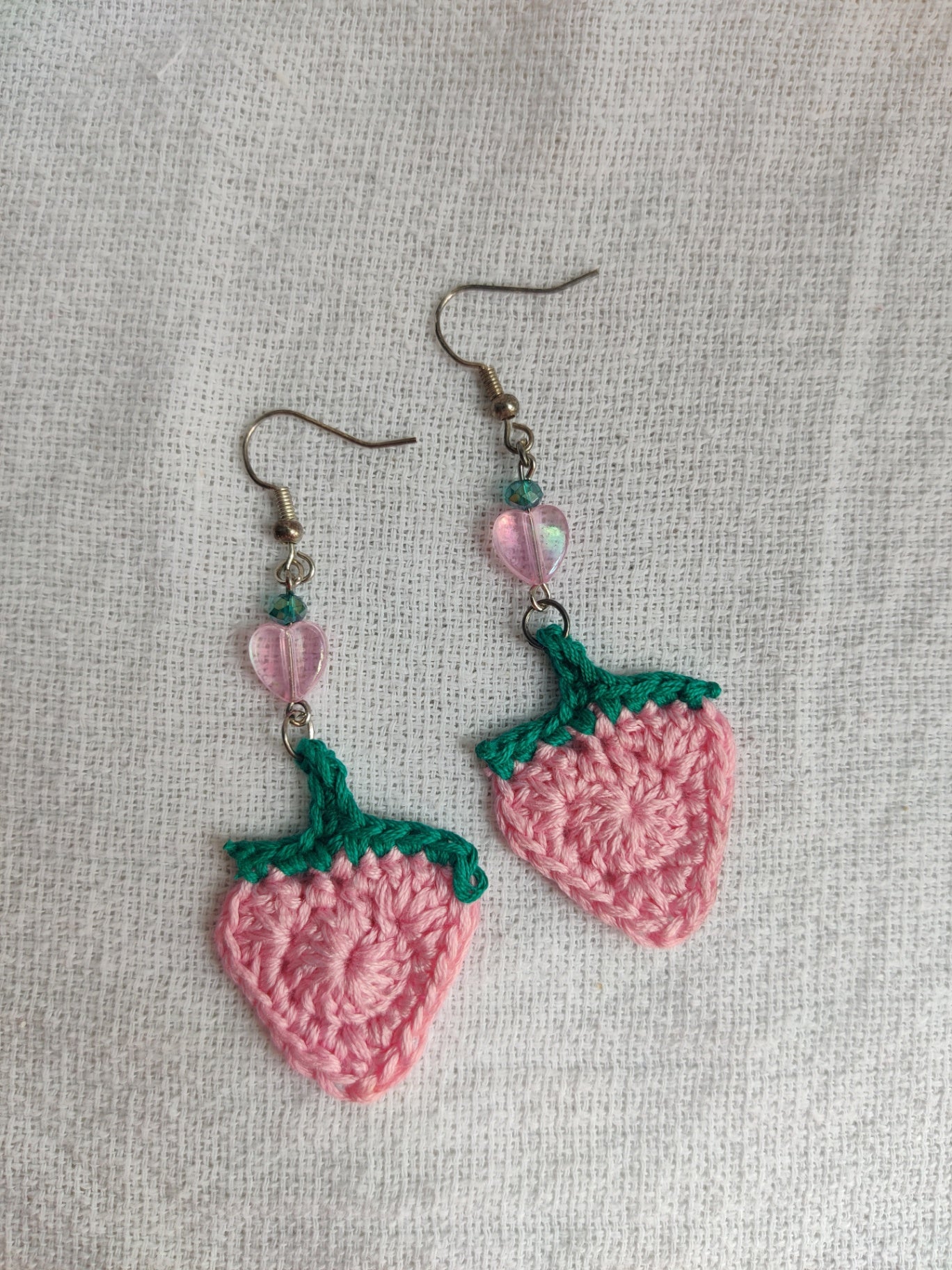 Crochet strawberry earrings with cute heart beads