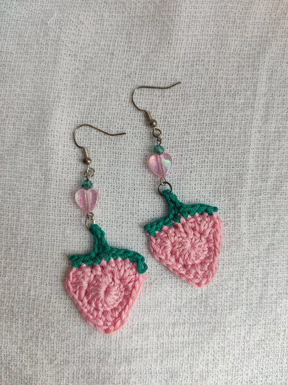 Crochet strawberry earrings with cute heart beads