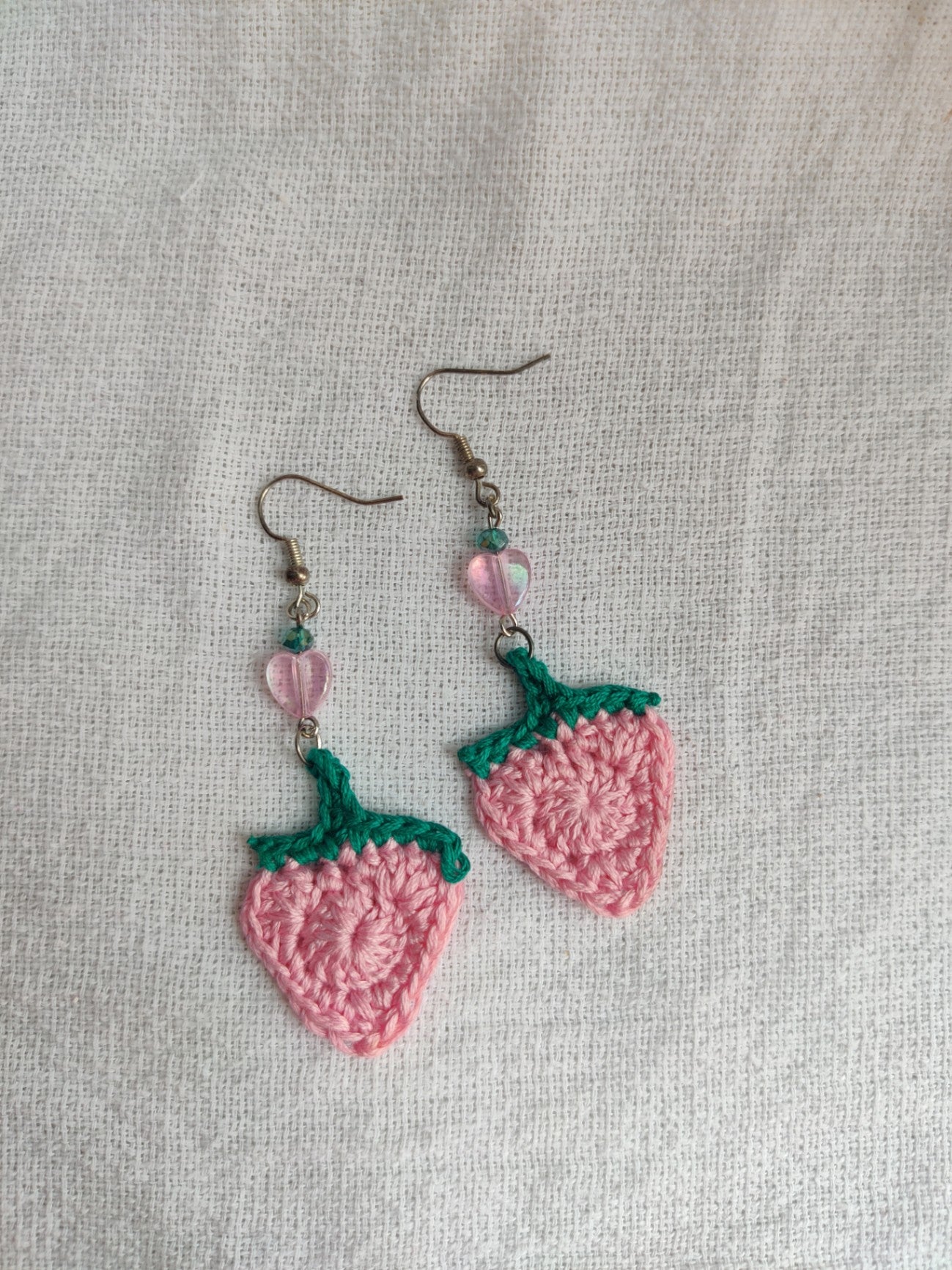 Crochet strawberry earrings with cute heart beads