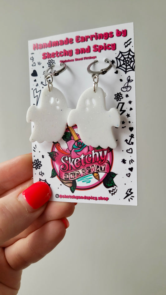 Shocked Ghost Earrings – White with Subtle Sparkle – Stainless Steel Hoops