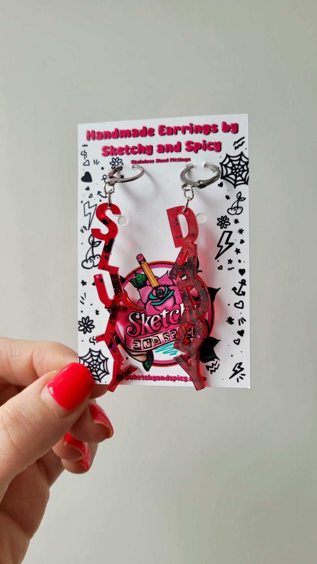 Dark Red Glitter SLUTTY & DADDY Mismatched Earrings - Stainless Steel Hoops