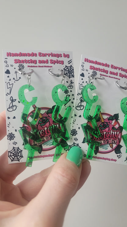 NT Green Glitter Earrings – Stainless Steel Silver Hoops