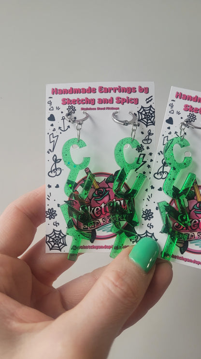 NT Green Glitter Earrings – Stainless Steel Silver Hoops