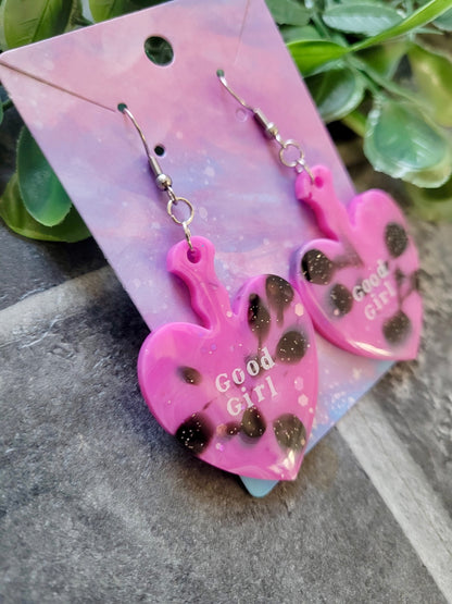 GOOD GIRL Pink and Black Glitter Heart Paddle Earrings with White Text - Stainless Steel Hooks