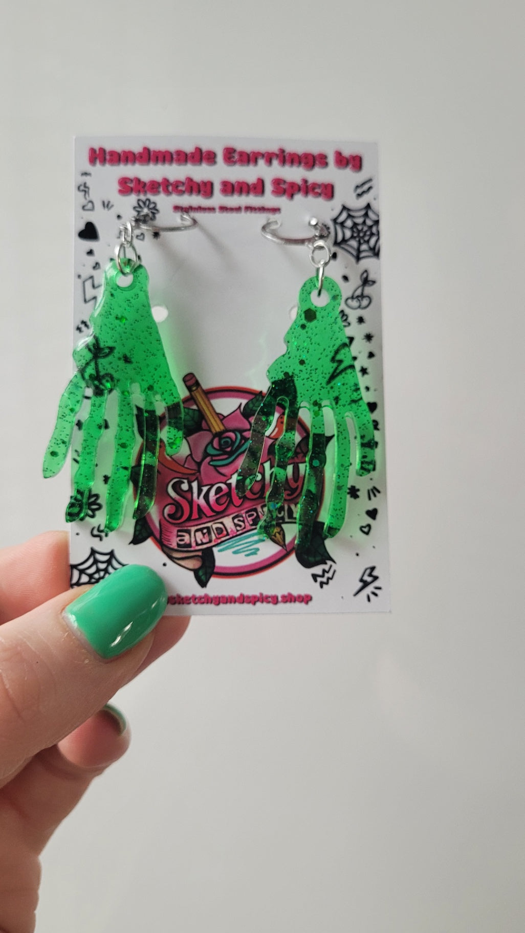 Green Glitter Zombie Hand Earrings - Stainless Steel Hoops
