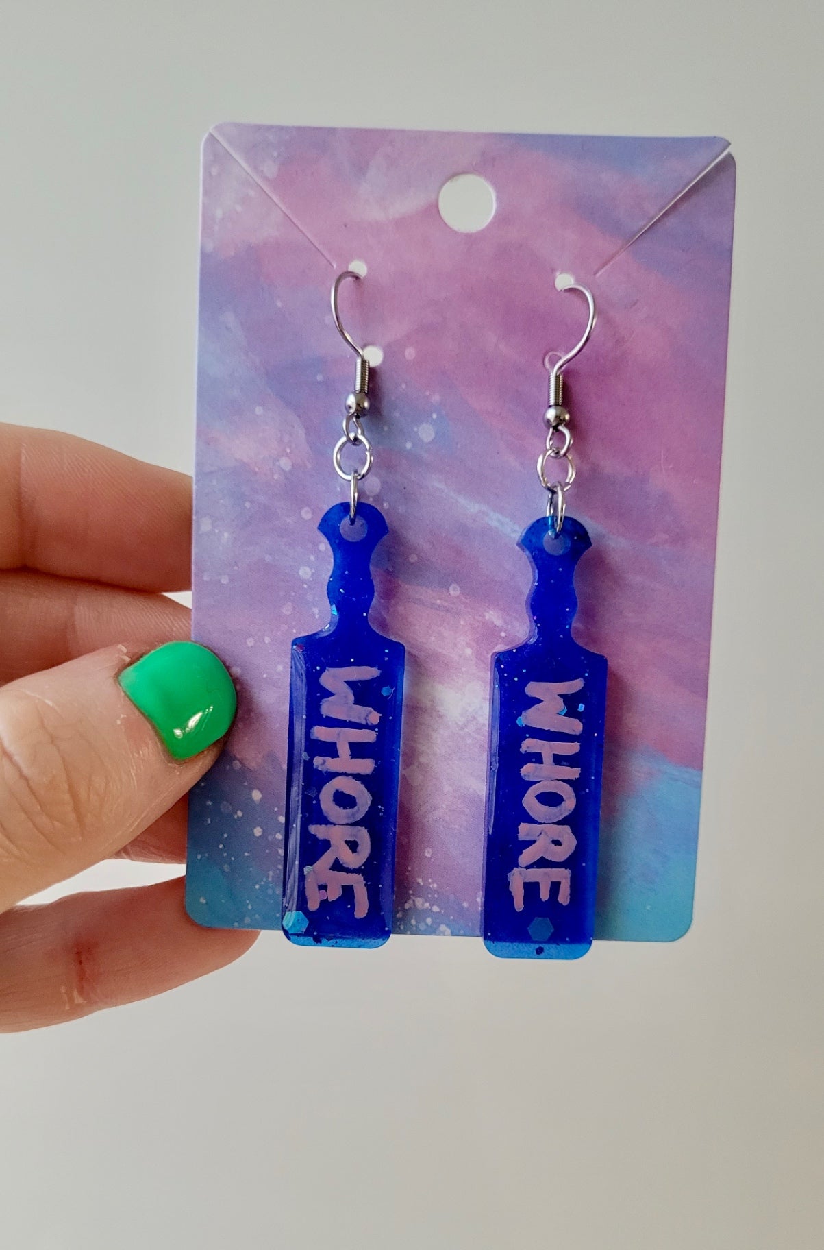 Dark Blue Glitter ‘WHORE’ Paddle Earrings – Stainless Steel Hooks