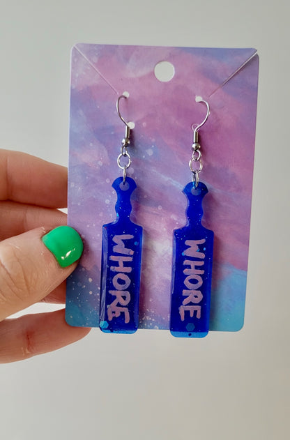 Dark Blue Glitter ‘WHORE’ Paddle Earrings – Stainless Steel Hooks