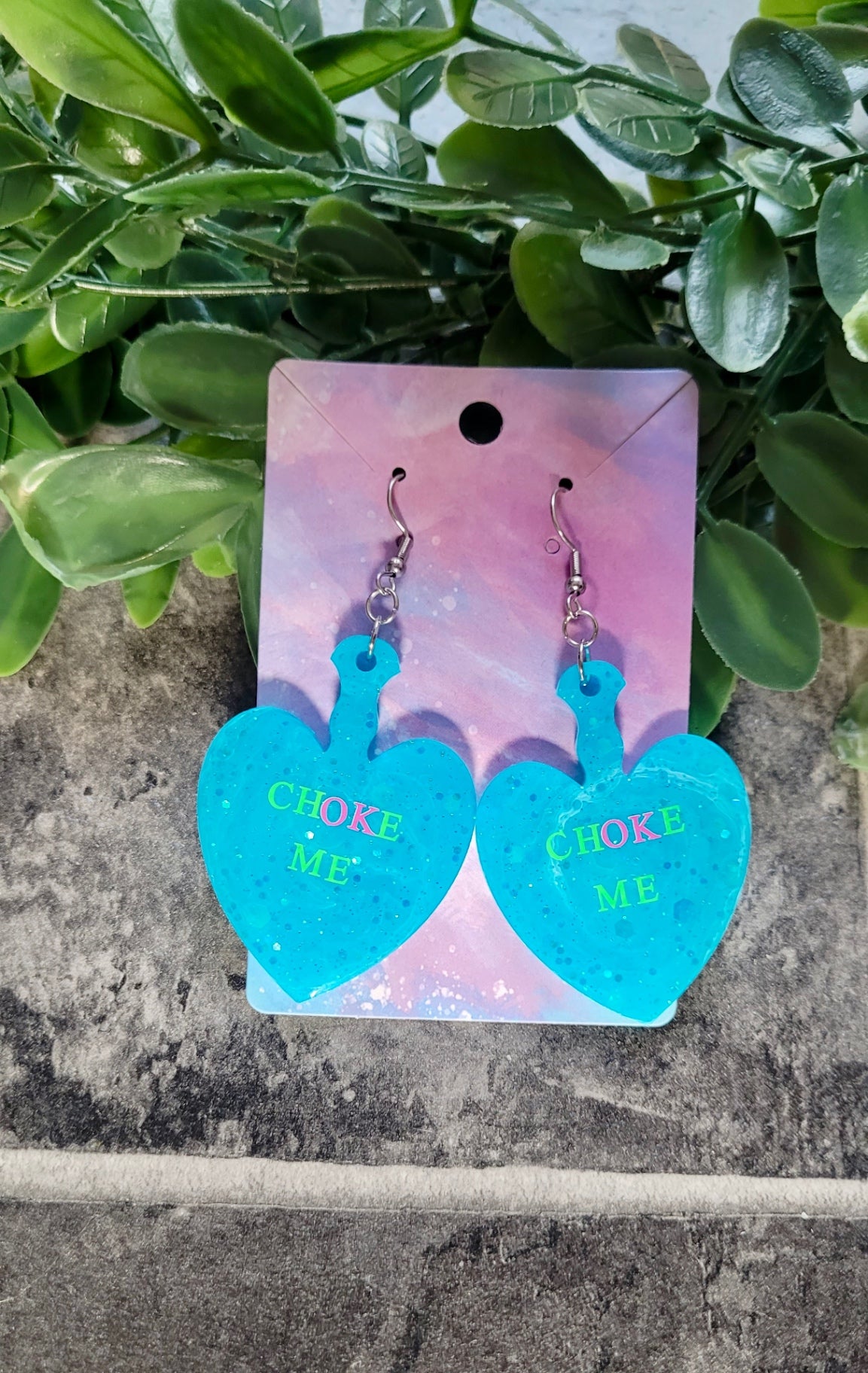CHOKE ME Light Blue Glitter Heart Paddle Earrings with Green & Pink Text - Stainless Steel Hooks