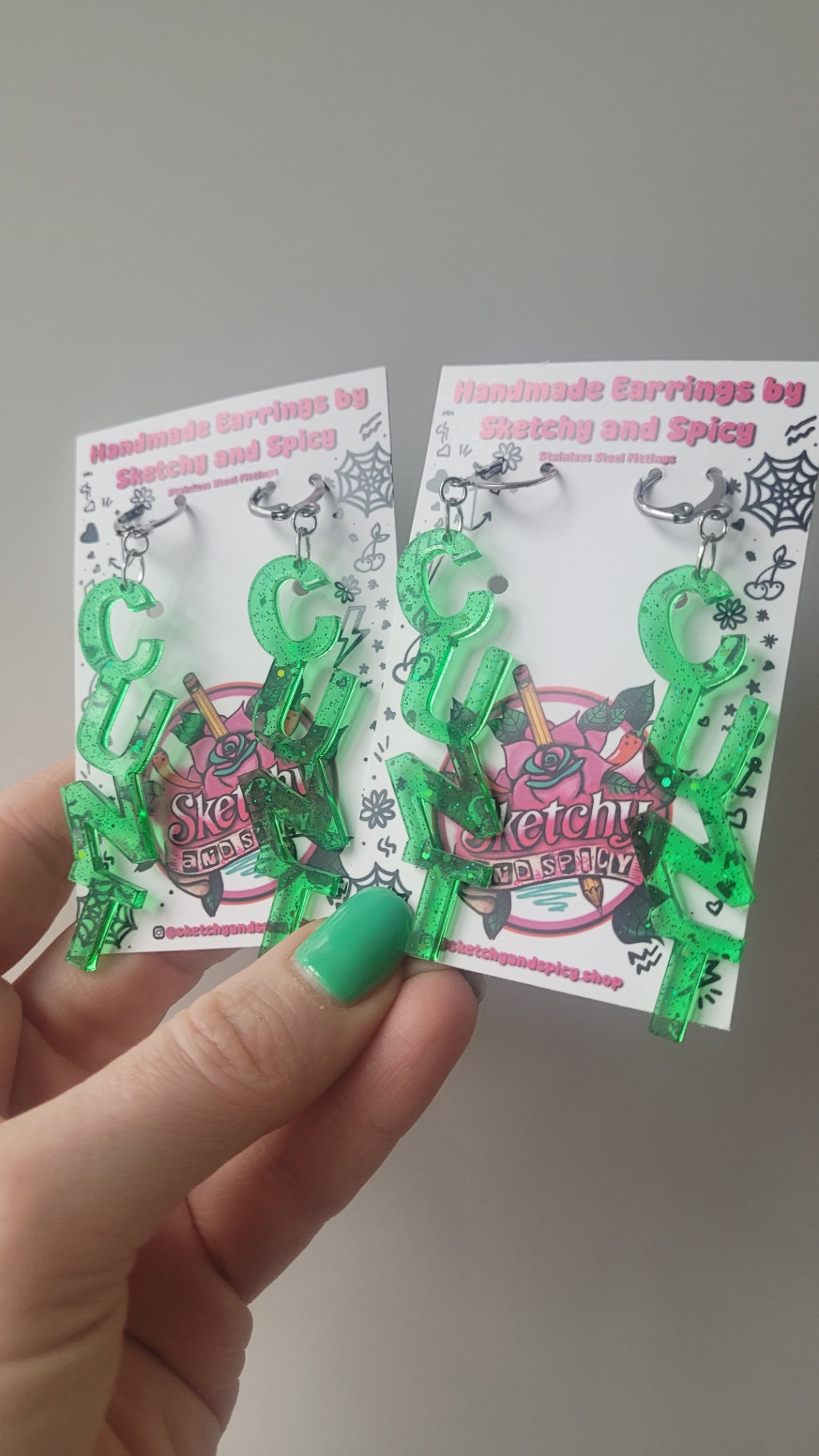 NT Green Glitter Earrings – Stainless Steel Silver Hoops