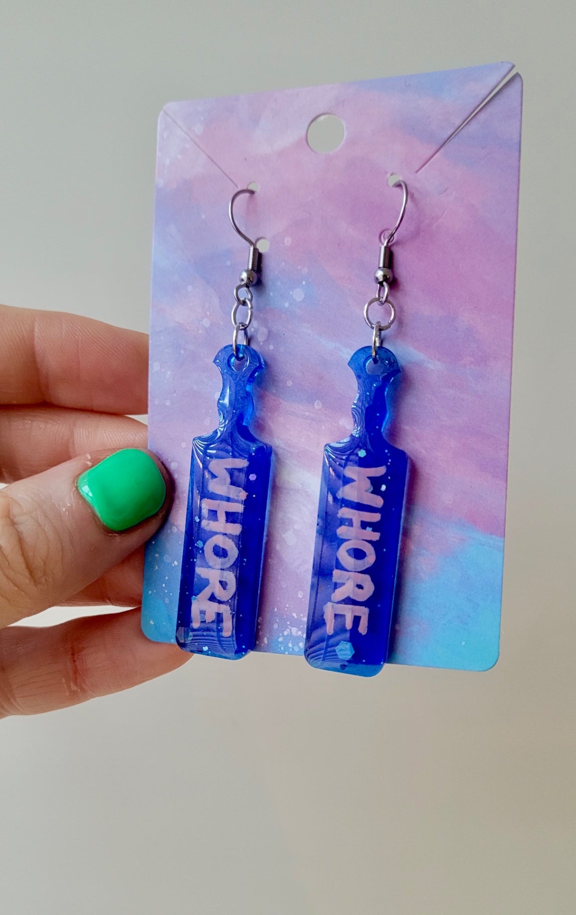 Dark Blue Glitter ‘WHORE’ Paddle Earrings – Stainless Steel Hooks