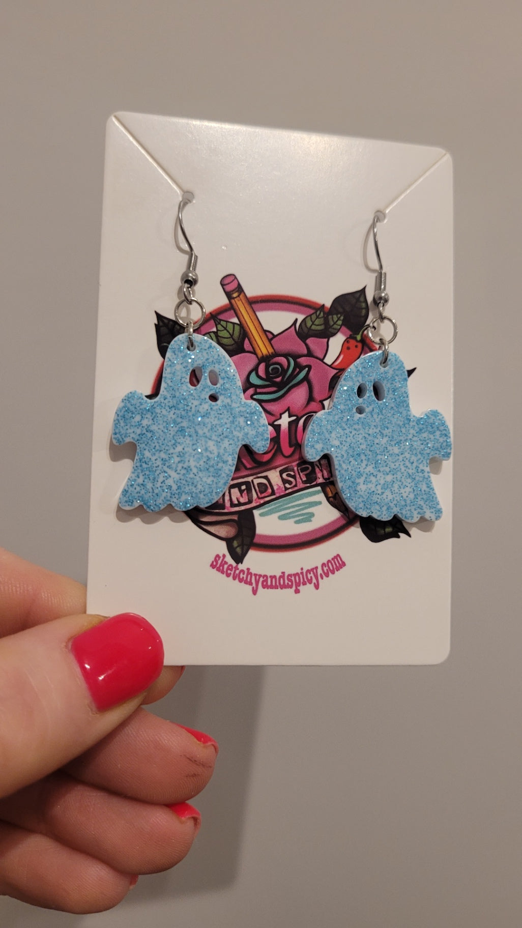 Light Blue Glitter Shocked Ghost Earrings - Stainless Steel Hooks