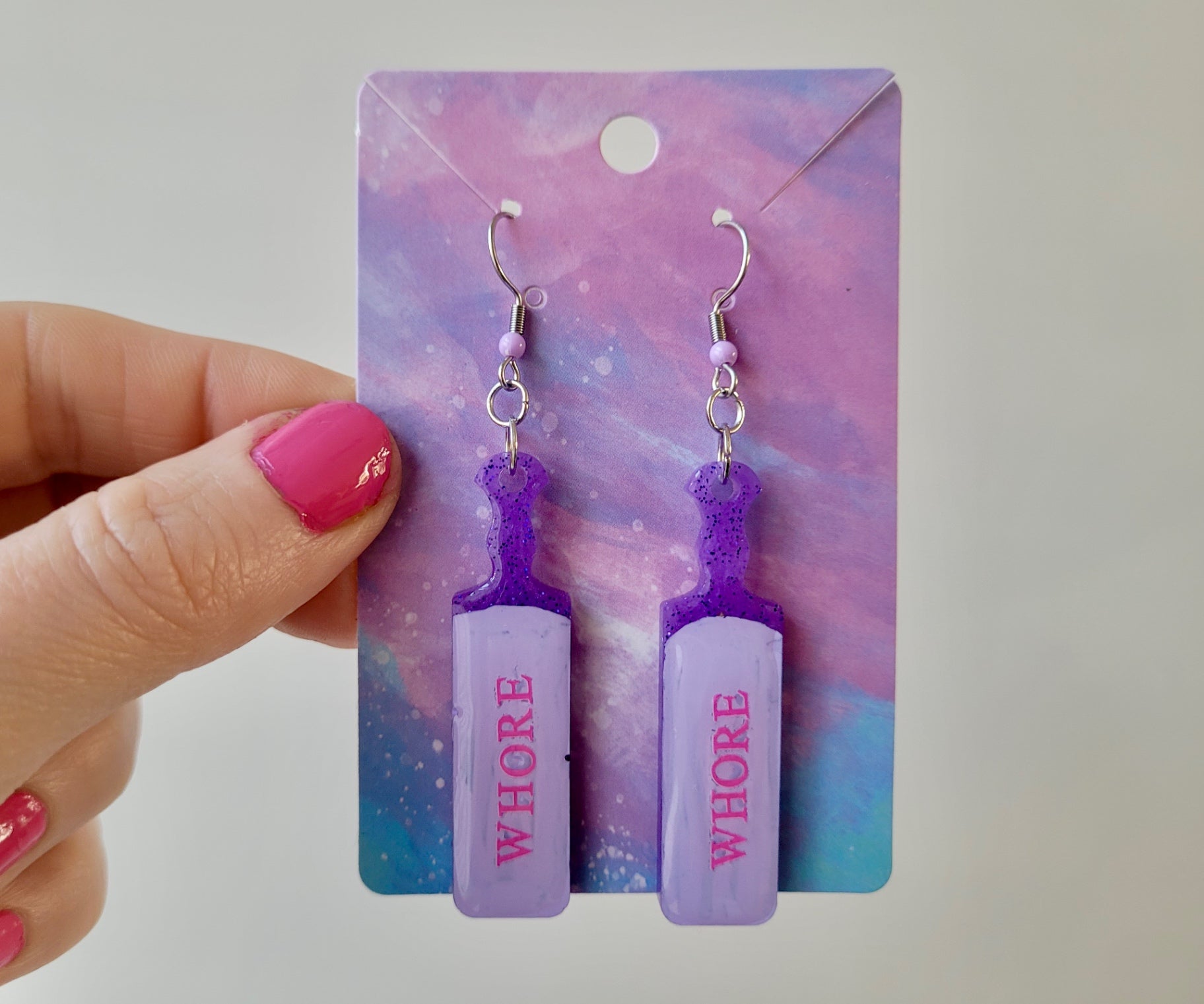 Pastel Purple “WHORE” Paddle Earrings – Stainless Steel Hooks