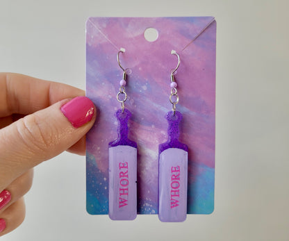 Pastel Purple “WHORE” Paddle Earrings – Stainless Steel Hooks