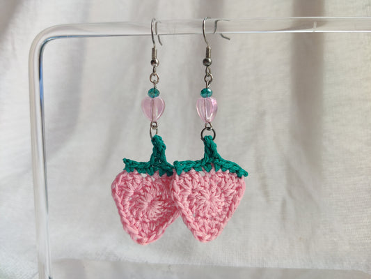 Crochet strawberry earrings with cute heart beads
