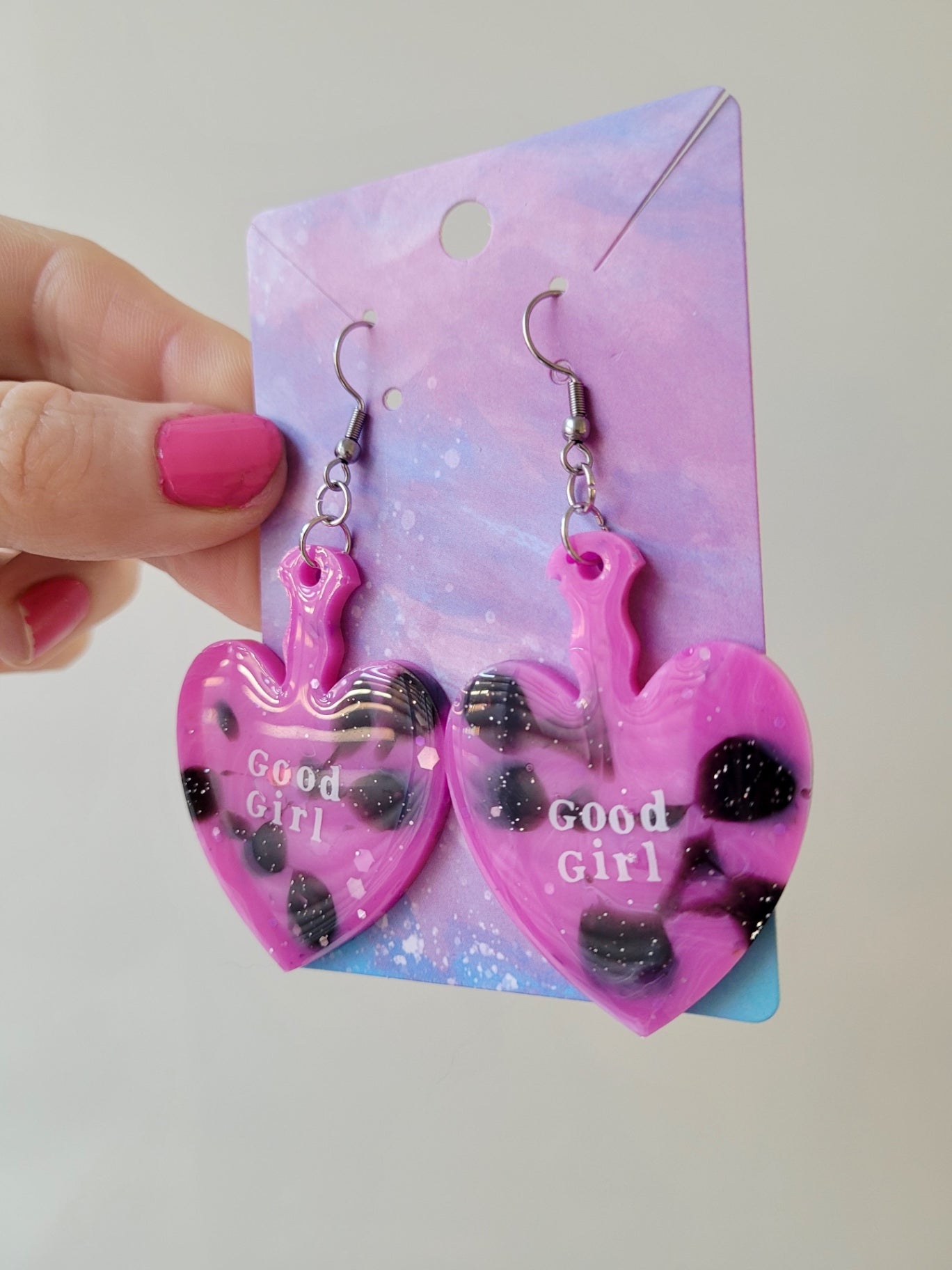 GOOD GIRL Pink and Black Glitter Heart Paddle Earrings with White Text - Stainless Steel Hooks