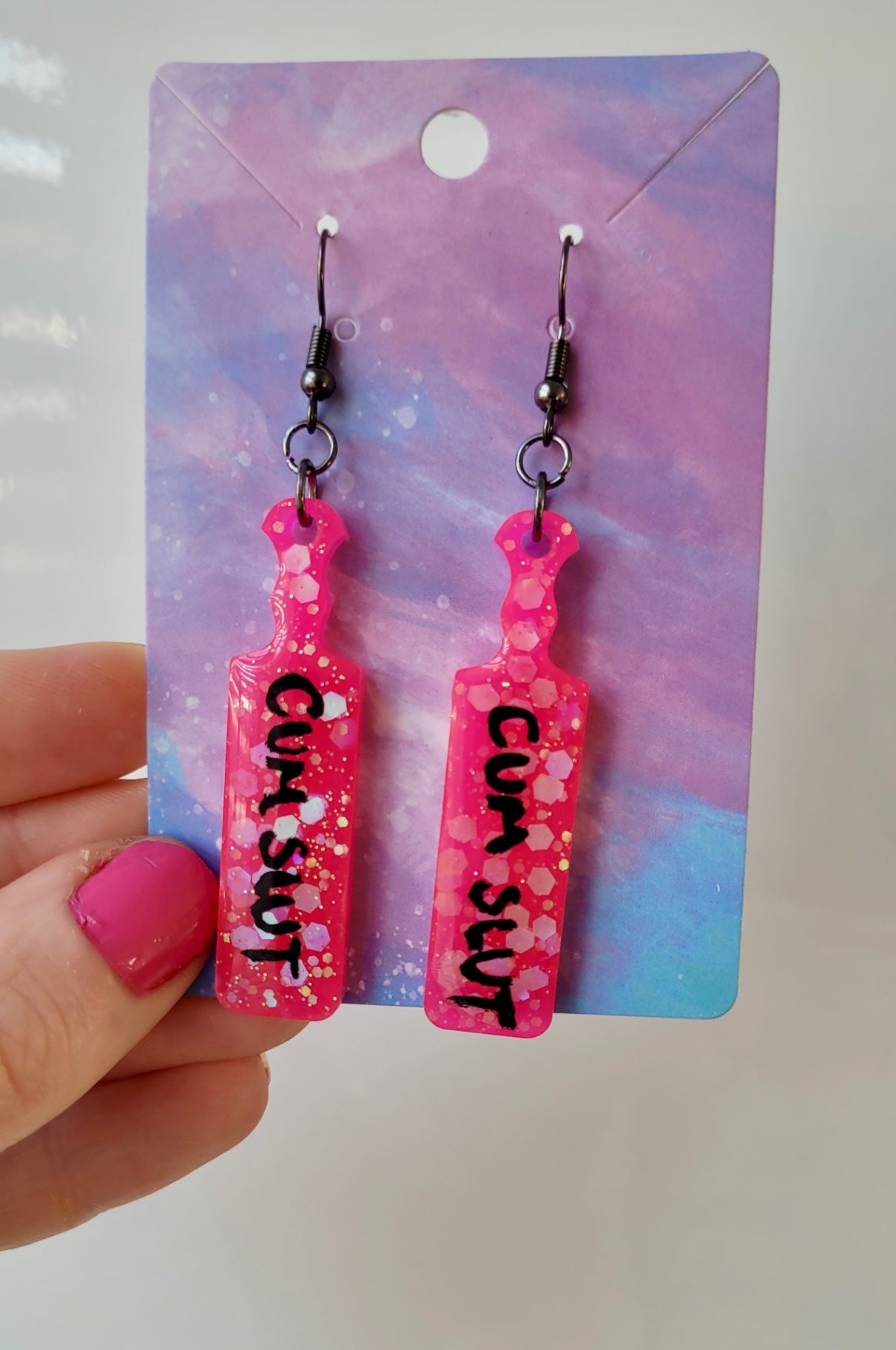 CUM SLUT Paddle Earrings – Hot Pink Glitter with Bold Black Script
