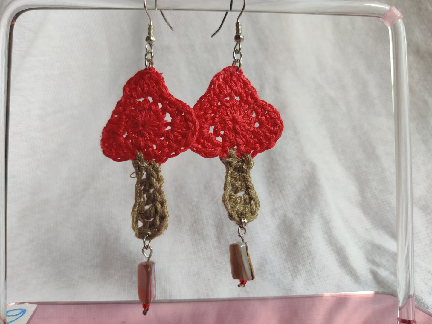 Mushroom crochet earrings with shell bead
