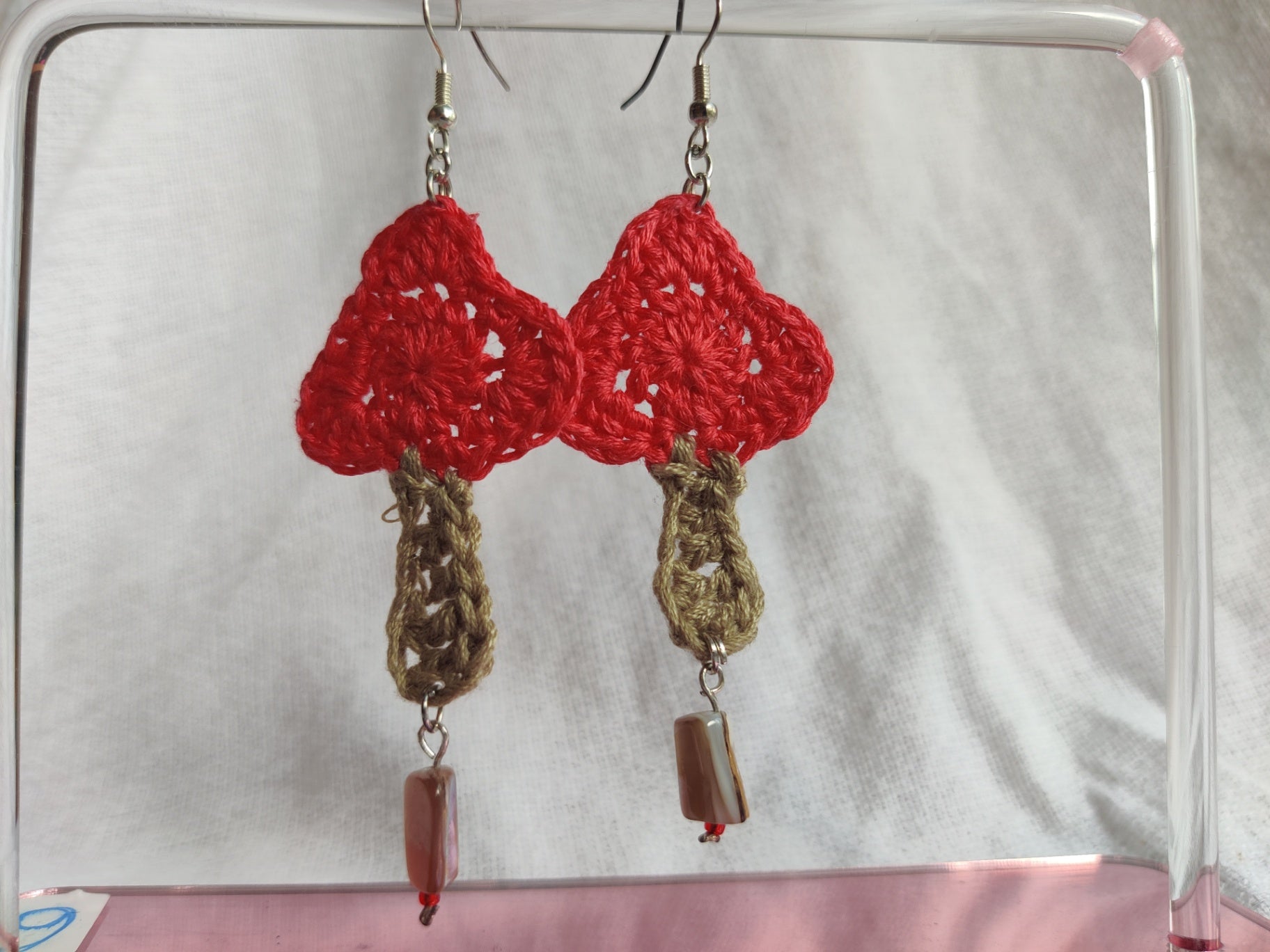 Mushroom crochet earrings with shell bead