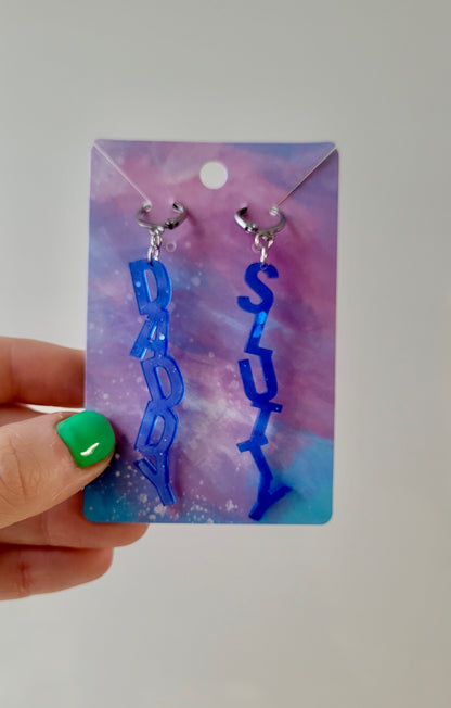 Dark Blue Glitter SLUTTY & DADDY Mismatched Earrings - Stainless Steel Hoops