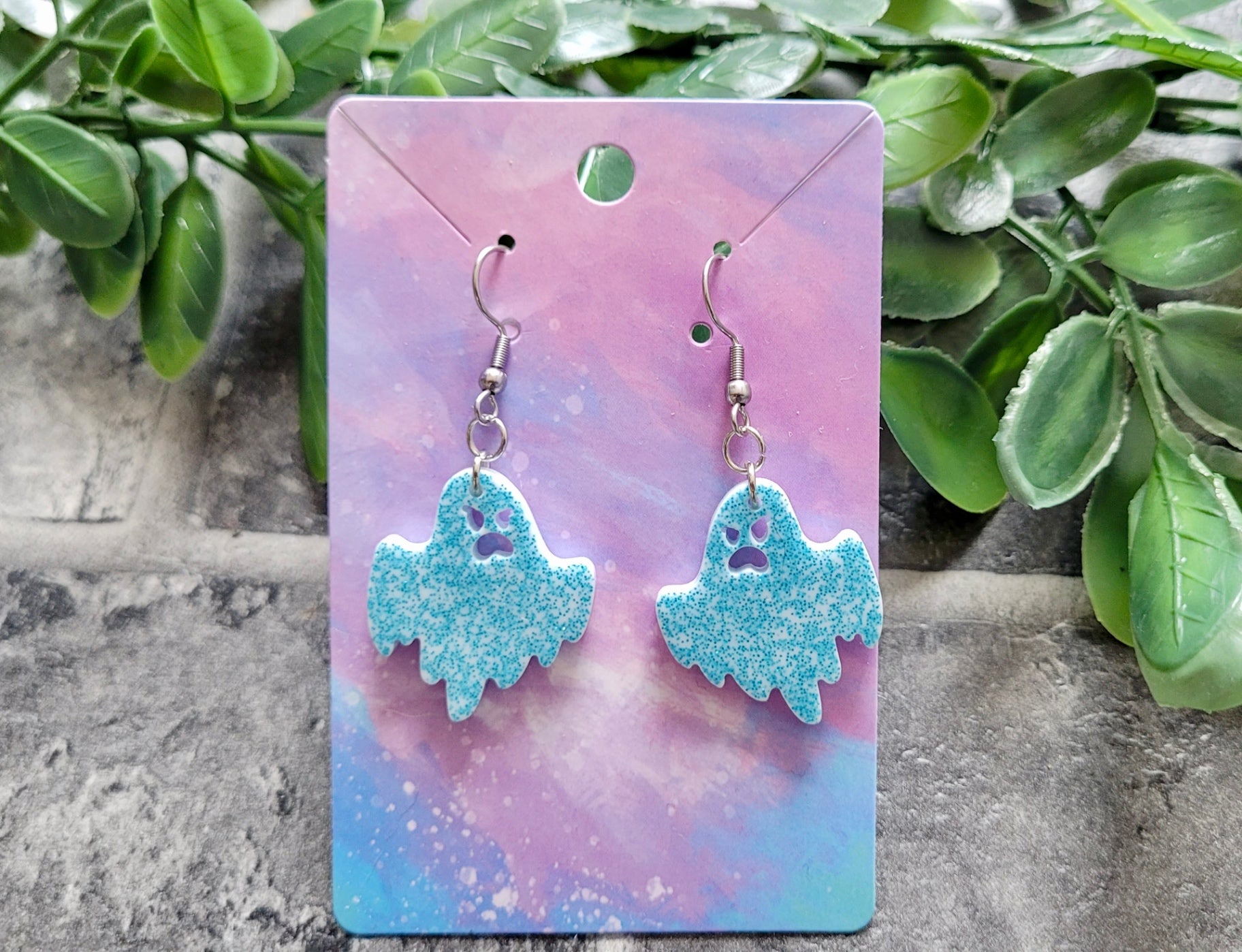 Light Blue Glitter Angry Ghost Earrings - Stainless Steel Hooks