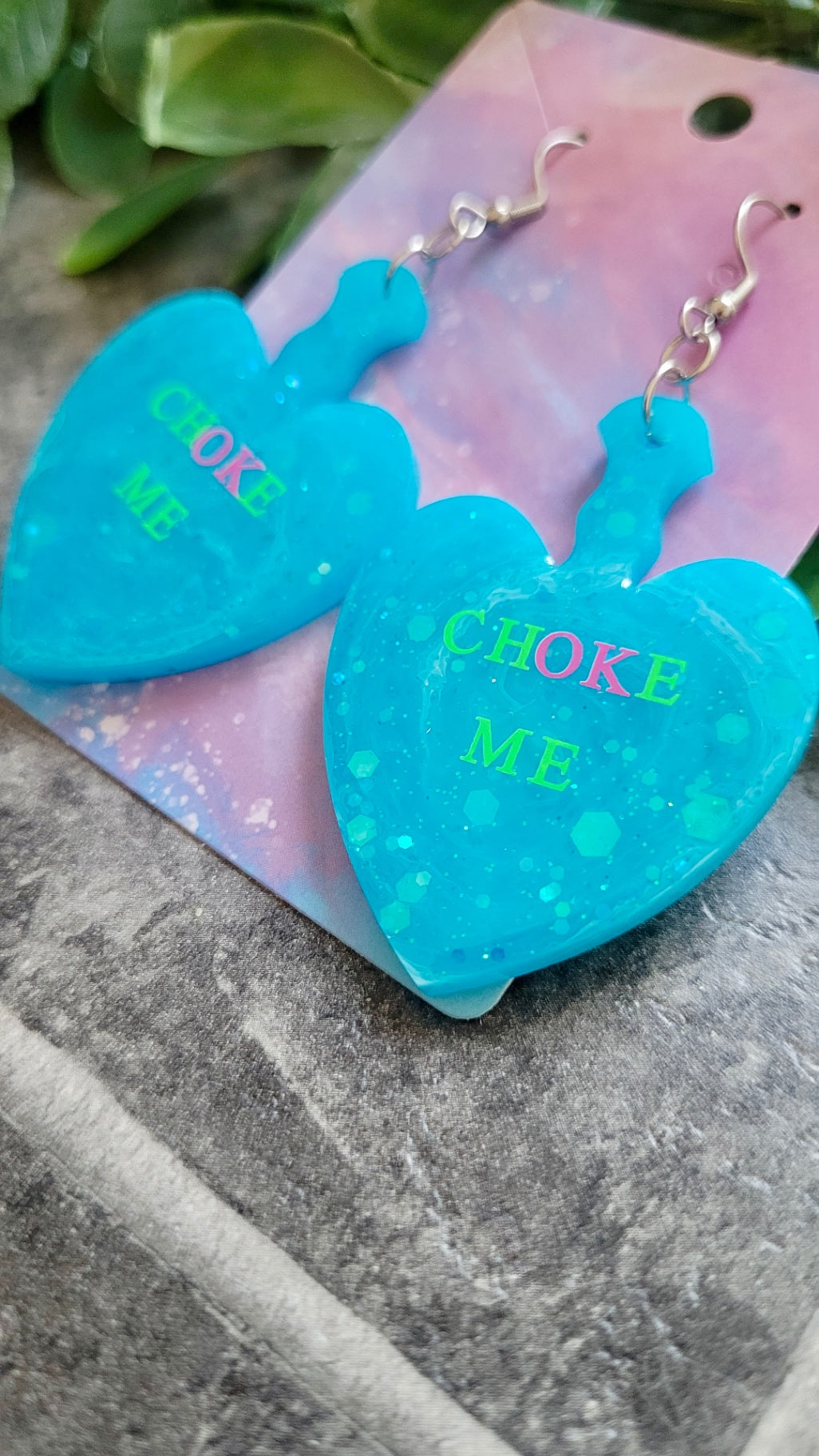CHOKE ME Light Blue Glitter Heart Paddle Earrings with Green & Pink Text - Stainless Steel Hooks