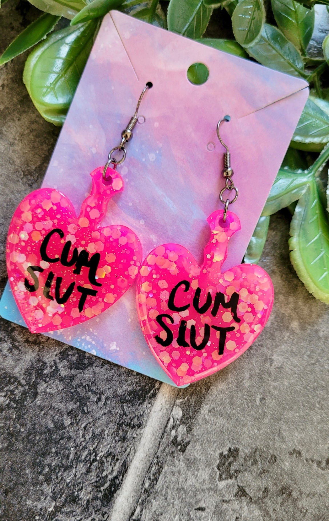 Hot Pink Glitter Heart Paddle Earrings – CUM SLUT - Gunmetal Hooks