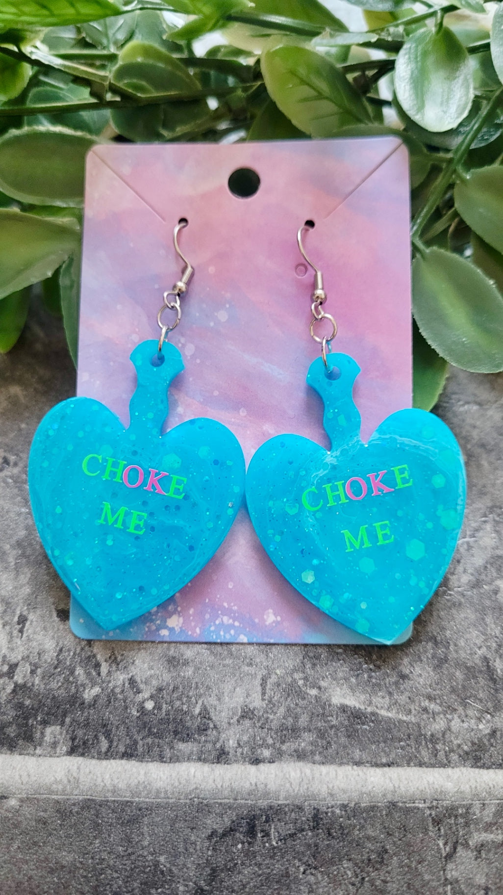 CHOKE ME Light Blue Glitter Heart Paddle Earrings with Green & Pink Text - Stainless Steel Hooks