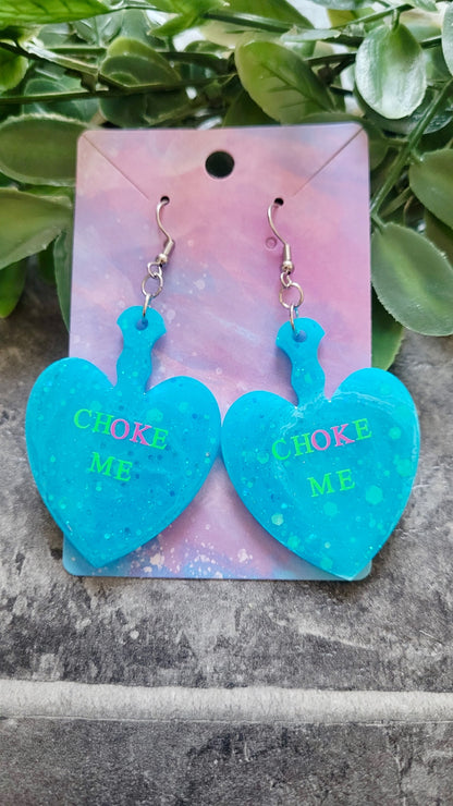 CHOKE ME Light Blue Glitter Heart Paddle Earrings with Green & Pink Text - Stainless Steel Hooks
