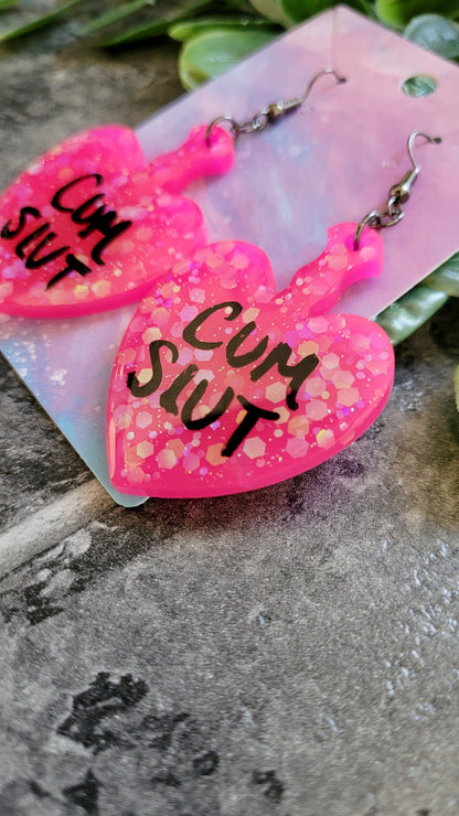 Hot Pink Glitter Heart Paddle Earrings – CUM SLUT - Gunmetal Hooks