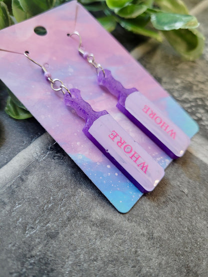 Pastel Purple “WHORE” Paddle Earrings – Stainless Steel Hooks