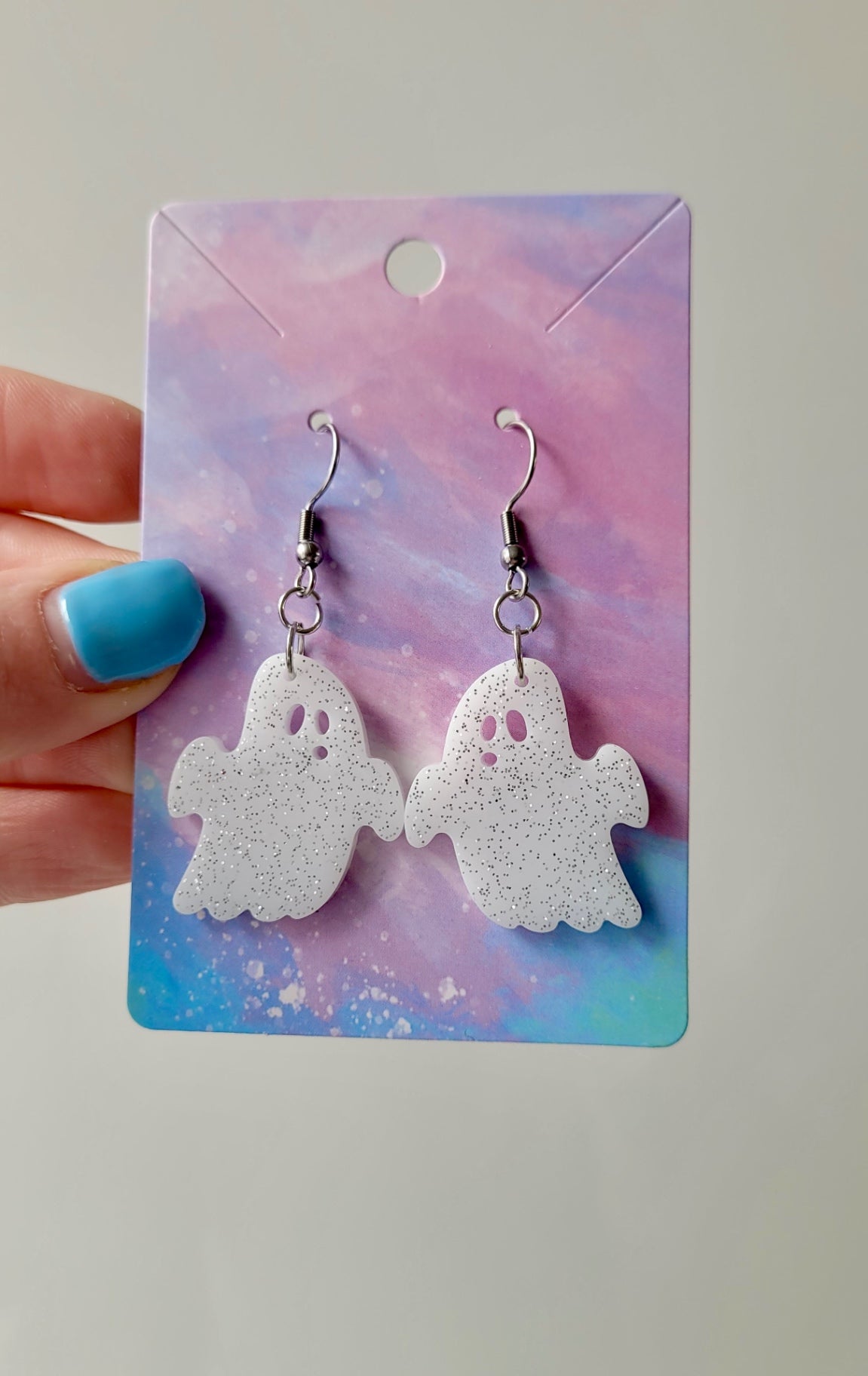 White with Silver Glitter Shocked Face Ghost Earrings - Stainless Steel Hooks