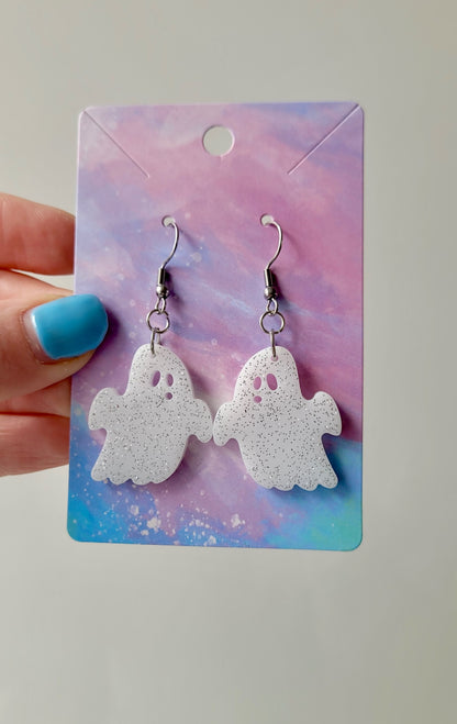 White with Silver Glitter Shocked Face Ghost Earrings - Stainless Steel Hooks