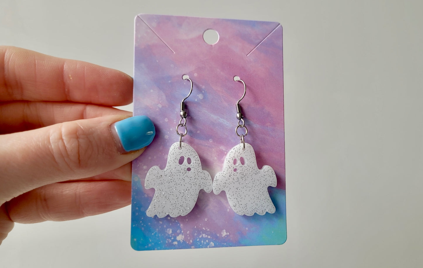 White with Silver Glitter Shocked Face Ghost Earrings - Stainless Steel Hooks