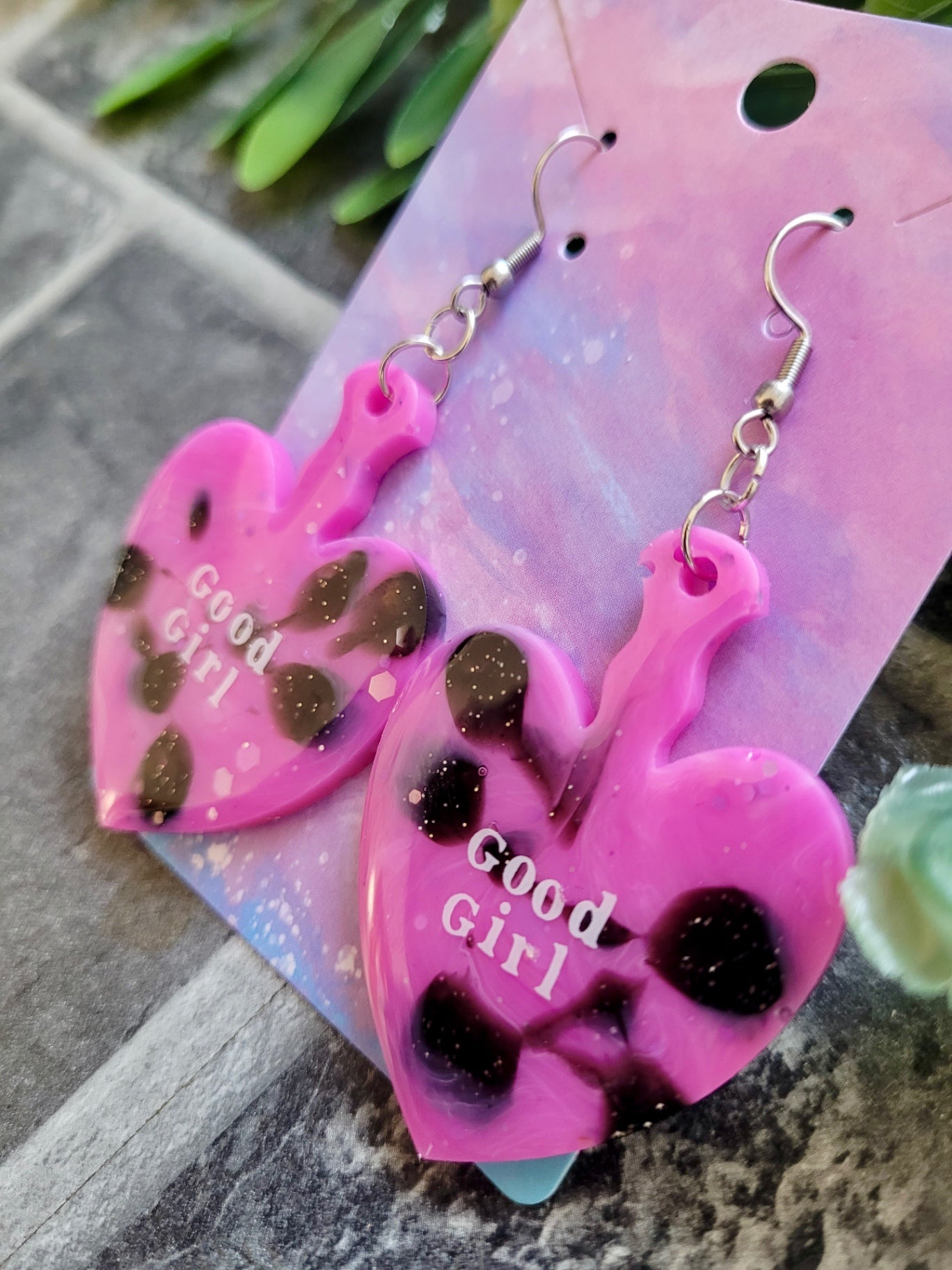 GOOD GIRL Pink and Black Glitter Heart Paddle Earrings with White Text - Stainless Steel Hooks