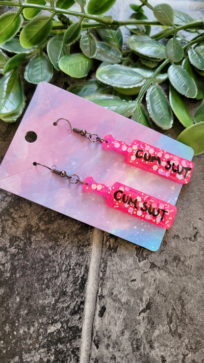 CUM SLUT Paddle Earrings – Hot Pink Glitter with Bold Black Script