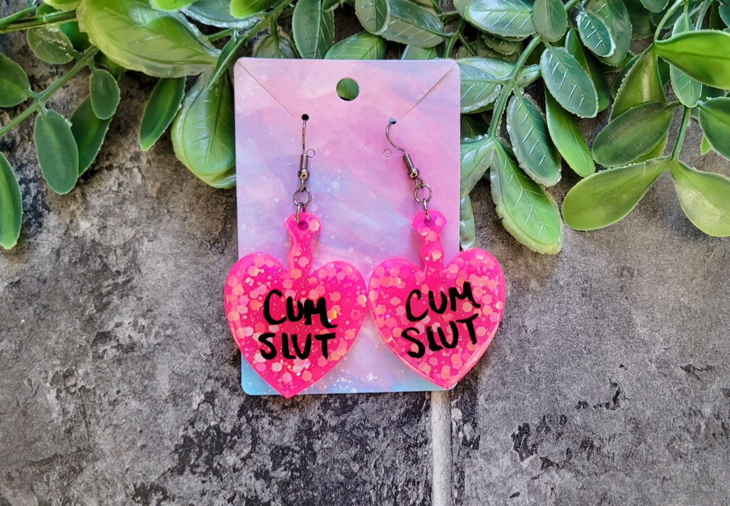 Hot Pink Glitter Heart Paddle Earrings – CUM SLUT - Gunmetal Hooks